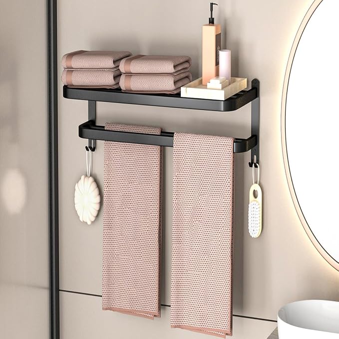 15 Inch Black Towel Racks for Bathroom Towel Shelf with Double Towel Bars Lavatory Wall Mount Holder with Hooks Stainless Steel Hotel Bath Rack (Matte Black)