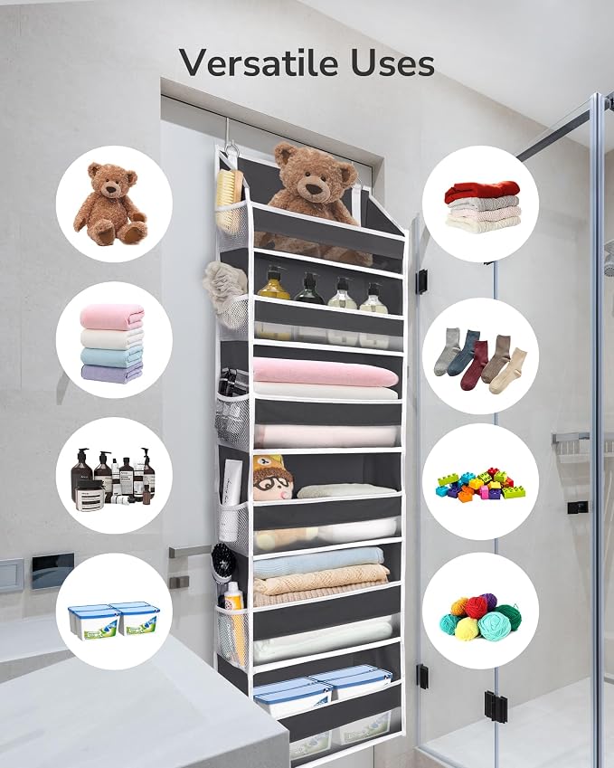 ULG Over The Door Organizer with 6 Large Pockets 12 Side Pockets, 50lbs Weight Capacity Door Hanging Organizer for Bedroom, Bathroom, Pantry, Nursery Storage, Dark Gray