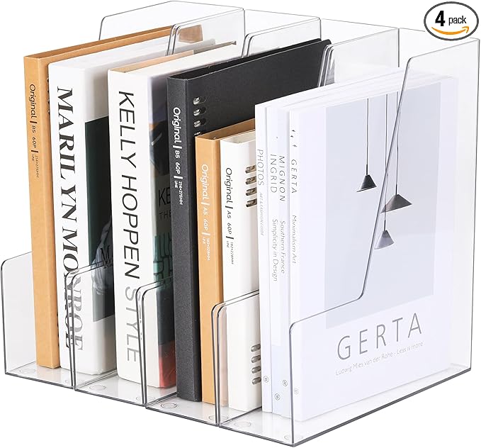 CiWiVOKi Vertical File Holder, Clear PET Desk Organizer and Storage Bins Holding for Magazines, Binders, Notebooks, Envelopes, Multi-purpose Plastic Document Organizer for Home Office, 4 pack