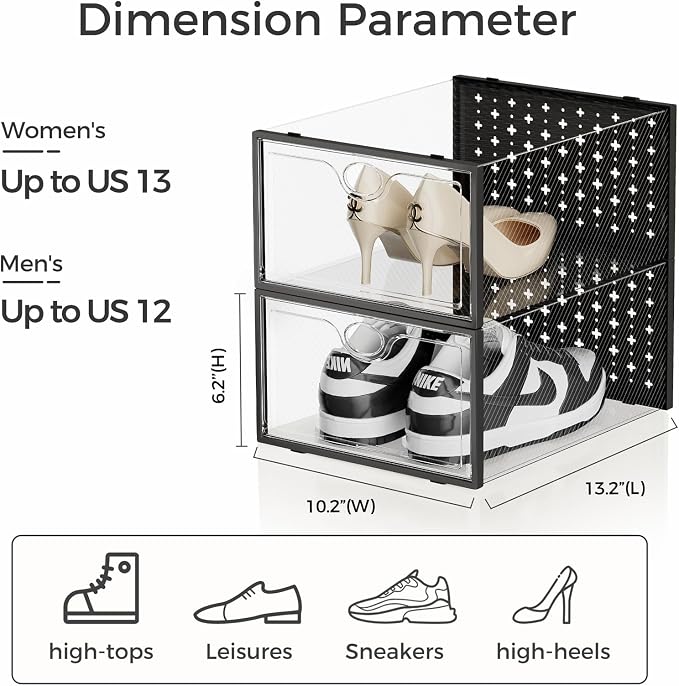 15 Pack X-Large Shoe Storage Boxes, Shoe Organizer Clear Stackable | Fit US Size 11, 6.2” Height, Shoe Dispaly Case Holder Bins Sneaker Storage for Sneakerheads, For Home and Family, Black