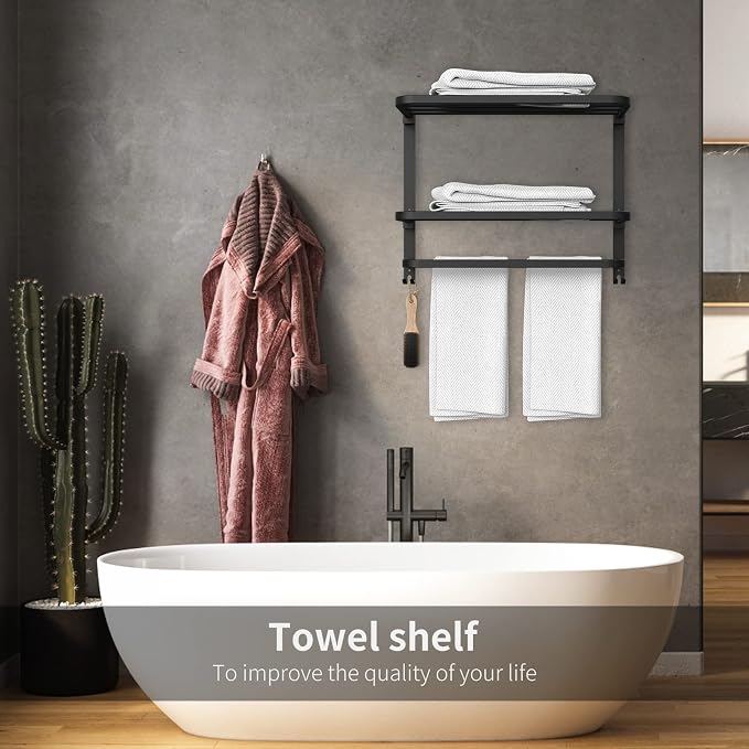 CAXIMSY 22.8Inch Towel Rack for Bathroom and Lavatory Towel Hanger with Wall Mount Towel Bars 304 Stainless Steel No Drill (Collapsible Black Towel Rack)