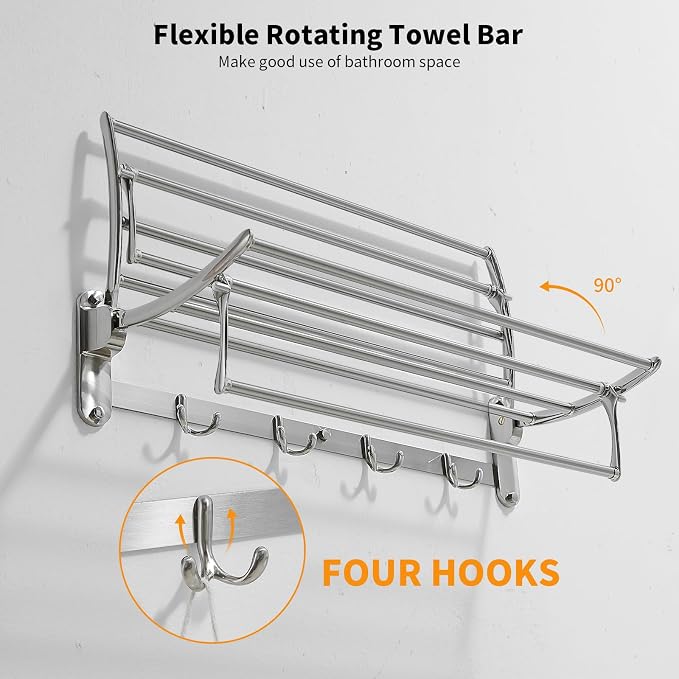 24 Inch Brushed Nickel Towel Racks, Bathroom Towel Shelf with Foldable Towel Bar Holder and Towel Hooks, Wall Mounted Multifunctional Bathroom Accessories, Double Towel Bars