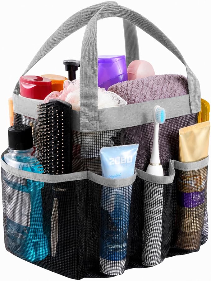 Lifewit Mesh Shower Caddy Portable for College Dorm Room Essentials with 7 Pockets, Freestanding Hanging Organizer Basket, Quick Dry Tote Bag for Camping, Bathroom, Beach, Travel, 1 Pack, Grey
