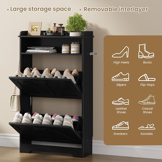 Farmhouse Narrow Shoe Cabinet with 2 Flip Drawers, 23.6" W Black | Freestanding shoe storage cabinet for entryway,foyer and hallway,slim design width and space-saving flip drawers