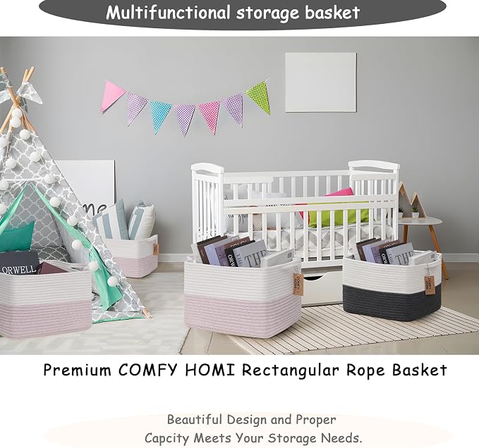 COMFY-HOMI 3PACK Cotton Rope Square baske with Handles for Shelves|Dog Toy baske Bin and Storage|Baby baske for Gift|Shoe baske for Organizing|13.5" x 11" x 9.5" for Living Room（White/Pink）