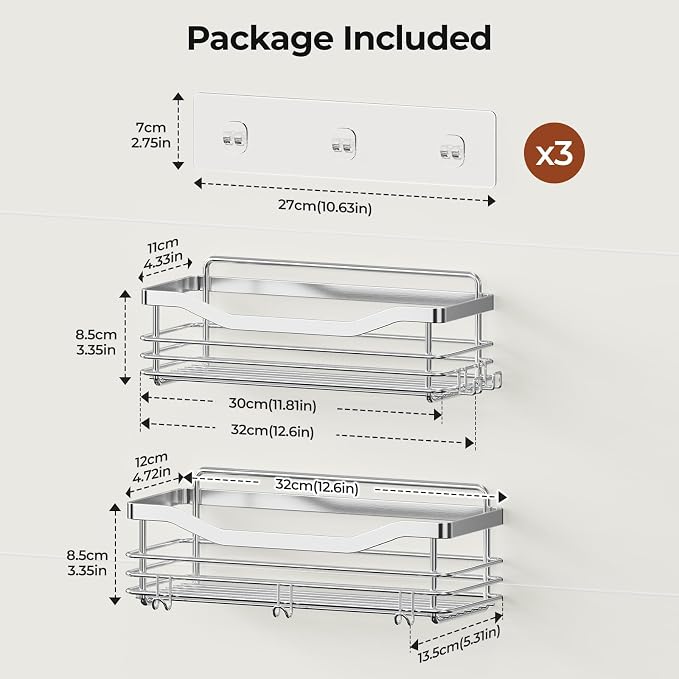 Orimade Shower Caddy Basket Shelf with 5 Hooks Adhesive Organizer Storage Rack Rust Resistant Wall Mounted Stainless Steel No Drilling for Bathroom, Toilet, Kitchen - 2 Pack