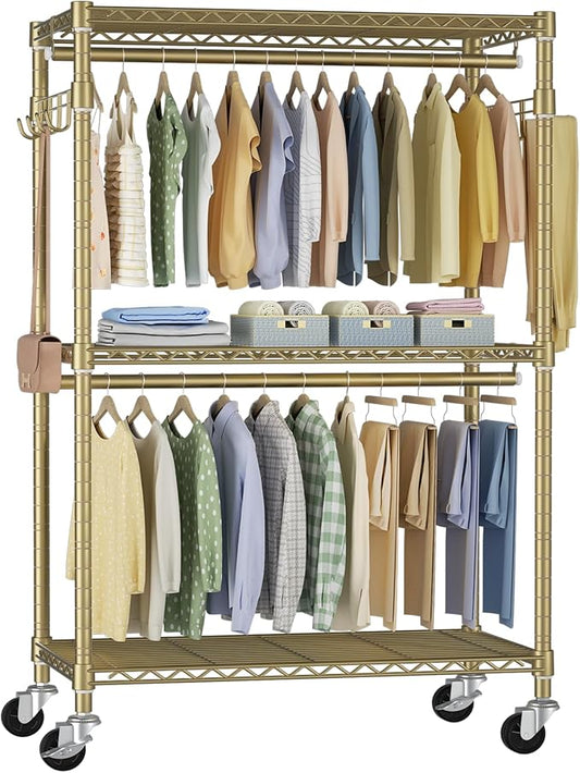 FUTASSI P1 Rolling Clothes Rack, Metal Garment Closet Organizer with Wheels | Portable Clothing Wardrobe with Double Hanger Rods and Hooks, 35.4"W x 15.7"D x 80.5"H, Load 450lbs, Gold