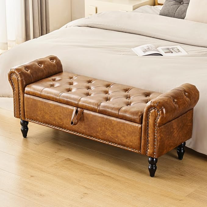 Furnimart Storage Bedroom Bench for End of Bed, Faux Leather Upholstered Storage Ottoman with Rolled Arms for Bedroom,Living Room, Entryway, 2.5Cubic Feet