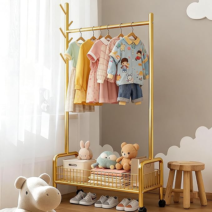 MYUPDALIN Clothes Rack with Shelves, Clothing Rack with Wheels, Multifunctional Hangers with Storage Baskets and Shoe Racks, Ideal for Bedrooms and Living Rooms (Gold, 60cm/23in)