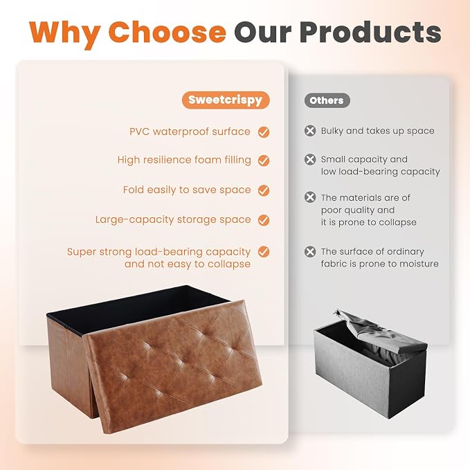 Sweetcrispy 30 Inch Folding Storage Ottoman Bench, Ottoman with Storage | Foot Rest Stool with Padded Seat, End of Bed Storage Bench for Living Room, Bedroom, Loads 660 LBS, Synthetic Leather, Brown