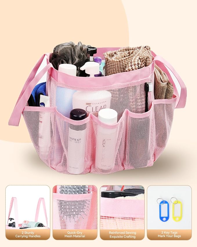Temede Mesh Shower Caddy Portable for College Dorm Room Essentials | Large Capacity 8-Pocket Shower Tote Bag, Toiletry Organizer with Quick-Dry and Dual Handles for Girls, Dorm, Travel, Camping