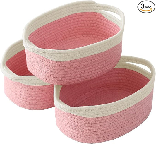 JMvicyroam Small Woven Basket, Empty Gift Basket, White&Pink/3 Pack | Small Gift Basket, Cotton Rope, 12 x 8 x 71 in, Handles, Includes Ribbon and Bag, Birthday Gift Basket