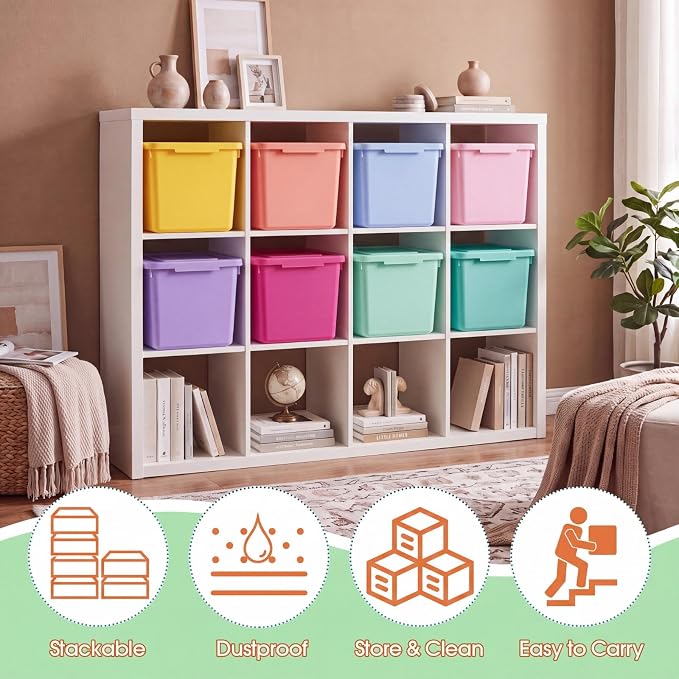 Potchen 8 Pack Small Stackable Storage Bins with Lids Plastic Storage Boxes for Classroom 9.8" ×7.3" ×5.7" Decorative Organizer Bins for Craft Art Office Teacher Supplies (Mixed Color)