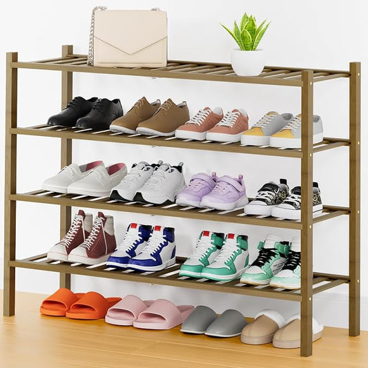 Smiry Bamboo Shoe Rack, 14 Vertical Slats, 4 Tier - 33.7" Wide, Walnut | Stackable Free Standing Wooden Shoe Organizer, Wood Shoe Storage Shelf for Closet, Entryway, Thicher Leg