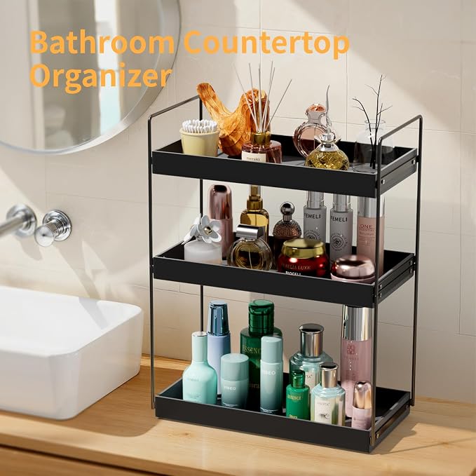 NPPLUS 3 Tier Bathroom Counter Organizer Matte Black Acrylic Tray | Metal Vanity Counter Skincare Shelf, Under Sink Standing Rack, Home Storage Holder For Lotion Makeup Cosmetics Perfume Spice
