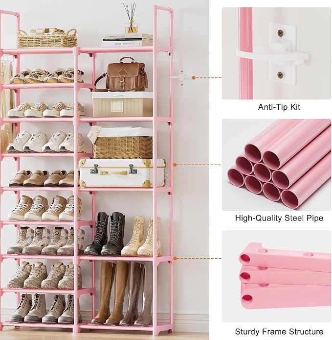 WOWLIVE 9 Tier 2-Column Shoe Rack, 30-35 Pairs Stackable Pink | Compact 33.75in long fits narrow spaces. Removable layers for boots/heels. Split design for flexible layout.