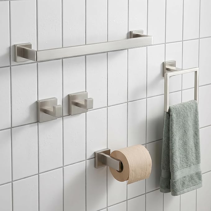 5-Piece Bathroom Hardware Set, 23.6 in Towel Bar, Brushed Nickel | SUS304 stainless steel, 55 mm square bases, concealed screw mount, towel ring, toilet paper holder, 2 robe hooks
