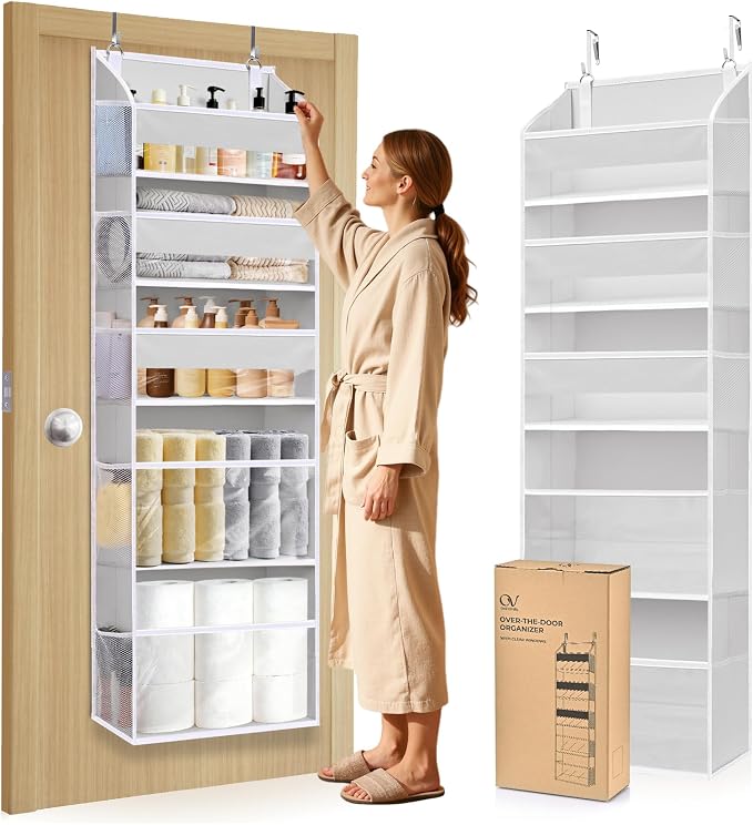 5 Tiers Over Door Organizer with 10 Mesh Side Pockets, 44 lbs Weight Capacity Hanging Storage Organizer with Clear Window Kids Toys, Shoes, Diapers, Light Gray