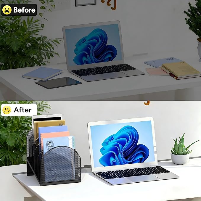 gianotter Desktop File Organizer, Desk Organizer with 5 Compartments, Paper Organizer for Desk, Workspace Organizers for Office Supplies (Black, Inclined Style)