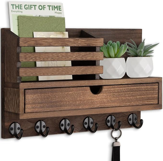 Key Holder Wall Mount, Mail Holder with Storage Drawer and 6 Key Hooks for Coat, Dog Leash, Home Decor Rack, House Accessories, Entry Way Organizer