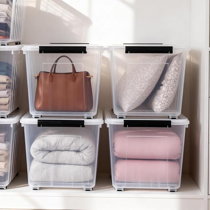 Citylife 82 Quart Large Clear Plastic Storage Bins with Lids 4-Pack | Stackable, Secure latching lids, Easy Find, Clothes Storage Bins for Closet Bedroom Garage
