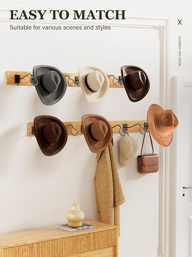 Cinati Cowboy Hat Rack for Wall 12 Pack, Cowboy Hat Holder Wall Mount, Western Rustic Metal Hats Hanger Hooks Organizer for Fedora,Sun Hats,Wide Brim, Extra Hooks for Baseball Caps,Western Room Decor