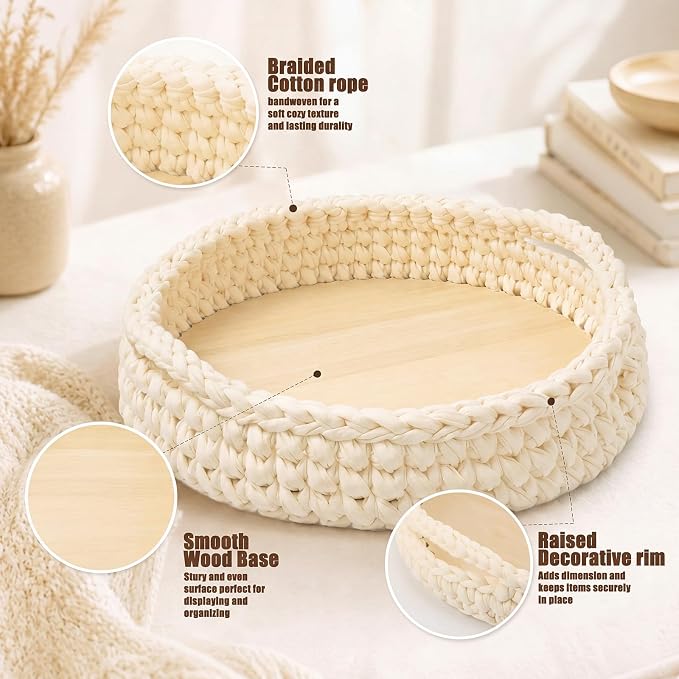 Crochet Serving Tray with Handle 12 Inch Handmade Knitted Woven Tray Round Rattan Basket Woven Cotton Rope Basket Boho Organizer Decorative Beige Macrame Decor for Farmhouse Storage Table