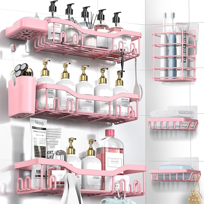 NESOMI Shower Caddy Adhesive Shower Organizer 8-Pack, Rustproof Stainless Steel Bathroom Shelves, Large Capacity No-Drill Rack Storage Accessories with Soap Dish Toothbrush Holder Hooks