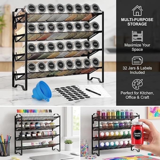 Simple Trending Spice Rack Organizer with 32 Empty Spice Jars, 64 Spice Labels, Chalk Marker and Funnel Set for Cabinet, Countertop, Kitchen, Pantry or Wall Mount, Black