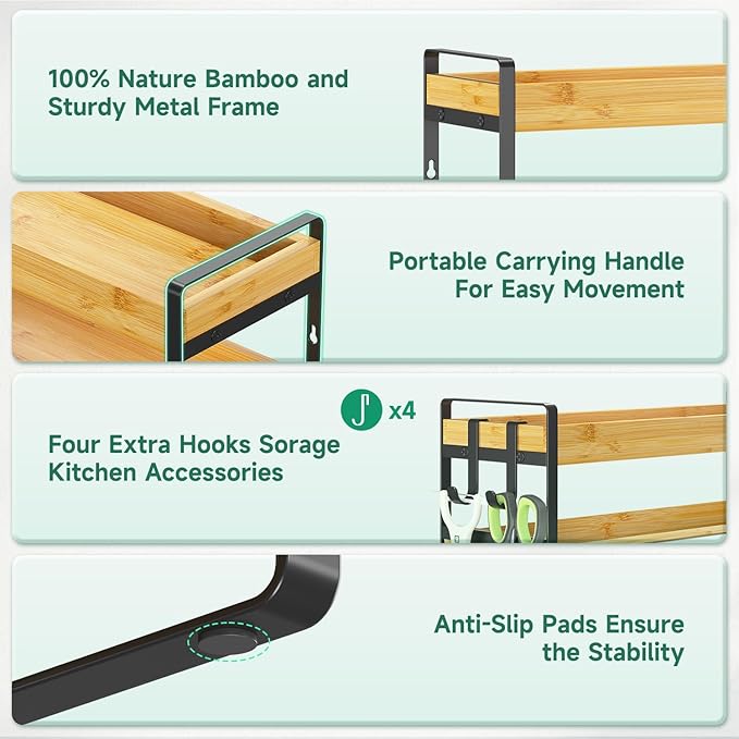 EsLuker.ly Spice Seasoning Rack Organizer Kitchen Countertop, 4 Tier Bamboo | Spice Shelf Holder Storage with 4 Hooks, Wall Mounted Freestanding Stand for Pantry, Quick Spice Access(Jars Not Included)