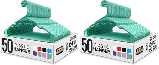 Utopia Home Plastic Hangers 100 Pack - Perfect Space Saving Clothes Hanger - Durable and Strong - Perfect Closet Organizers with Shoulder Grooves (Aqua)