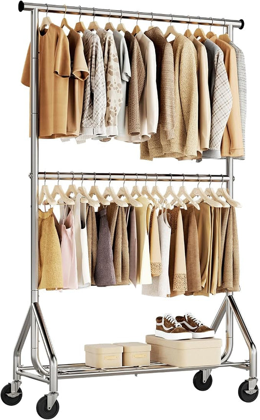 HYSEYY Heavy Duty Clothes Rack, Double Rod Clothing Rack for Hanging Clothes, Rolling Garment Rack, Adjustable Freestanding Wardrobe Closet Coat Rack for Bedroom Laundry Living Room, Silver