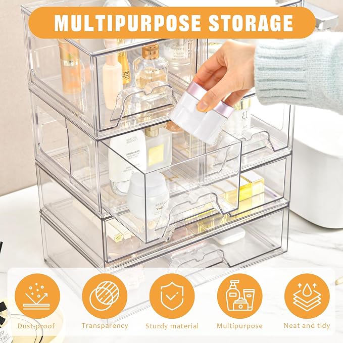 4 Pack Stackable Storage Drawers, Clear Acrylic Organizer, Makeup Organizer | with Pull-out Drawer,Pantry Organization for Beauty Supplies,Ideal for Vanity, Bathroom,Cabinet