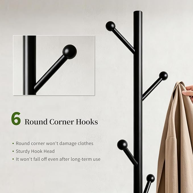 Coat Rack Freestanding Coat Stand with Basket 6 Hooks Wheels,Black | Metal Coat Rack Stand Coat Tree for Home Entryway Bedroom Living Room Office Corner Modern Organizer for Scarf Jacket Hat Bag