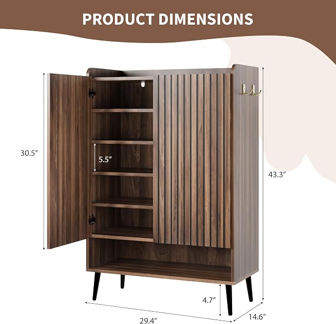 GarveeHome Shoe Cabinet, Large Shoe Cabinet with Doors, Adjustable Shelves, Shoe Organizer with Doors for Hallway, Entryway, Living Room,Nut-Brown