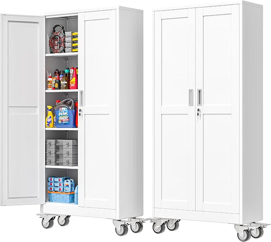 PAOFIN 71''H Tall Metal Garage Storage Cabinet with Wheels,Steel File Cabinets with 2 Doors and 4 Adjustable Shelves for Home Office, Warehouse, Required Assembly,White