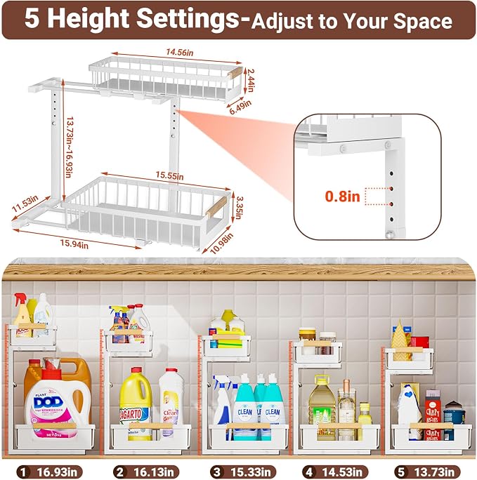 2 Pack Under Sink Organizer, 2 Tier Pull Out Cabinet Organizer with 5-Level Adjustable Height, Sliding Metal Storage Rack for Kitchen Bathroom Pantry, White