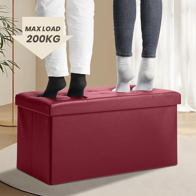 COSYLAND Ottoman Bench with Storage 30x15x15 inches White Ottoman for Room Folding Leather Footrest Footstool Rectangle Collapsible Furniture with Lid for Bedroom Living Room Burgundy