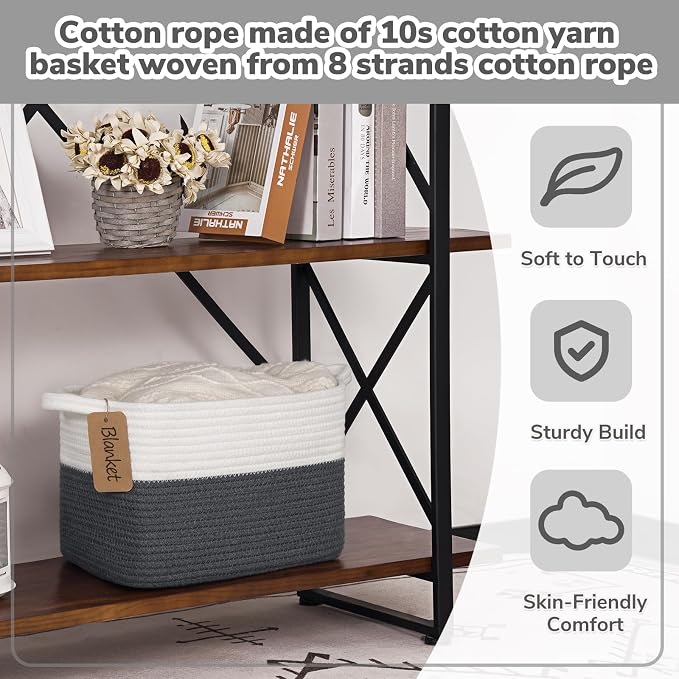 Goodpick Small Cotton Rope Baskets for Organizing, Dark Gray | 13 × 10 × 9 in, Rectangle, Reinforced Handles, Shelf & Nursery Organization, Baby Toys, Books & Towels Storage
