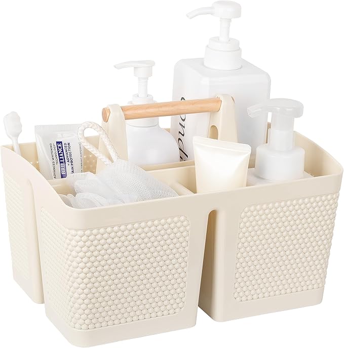 rejomiik Plastic Shower Caddy, Portable Shower Basket with Handle, Cream | Cleaning Caddy Organizer for Bathroom, College Dorm Room Essentials, Storage Tote
