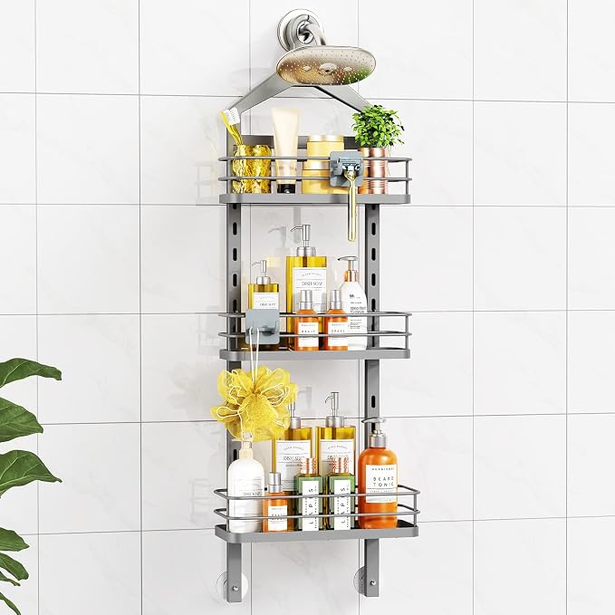 ODesign 3 Tier Adjustable Shower Caddy Hanging Over Head Anti-Swing Grey | Shower organizer hanging,no drilling required,comes with removable hook and storage box, suitable for indoor showers