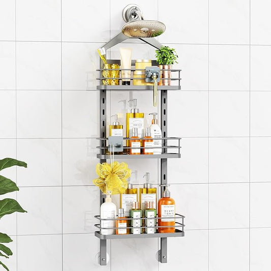 ODesign 3 Tier Adjustable Shower Caddy Hanging Over Head Anti-Swing Grey | Shower organizer hanging,no drilling required,comes with removable hook and storage box, suitable for indoor showers