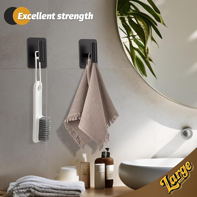 Heavy Duty Adhesive Hooks - 26lb Max, Sticky Wall Hooks Waterproof Stainless Steel for Hanging Towel, Coat, Robe, Towel Hooks Stick on Bathroom, Kitchen, Shower, Door (Black, 2 Pack)