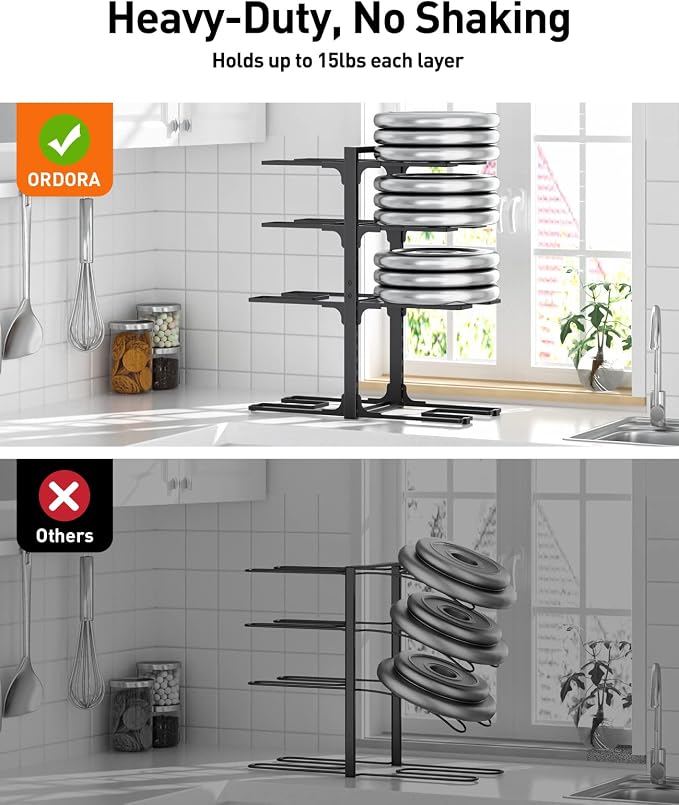 Pots and Pans Organizer Under Cabinet 20.8", 8-Tier Adjustable Black | 2 DIY Modes, Tool-Free Assembly, Max 120 Lbs, Fits Large Stockpots, Cast Iron Pans & Heavy Cookware, For Kitchen Cabinets