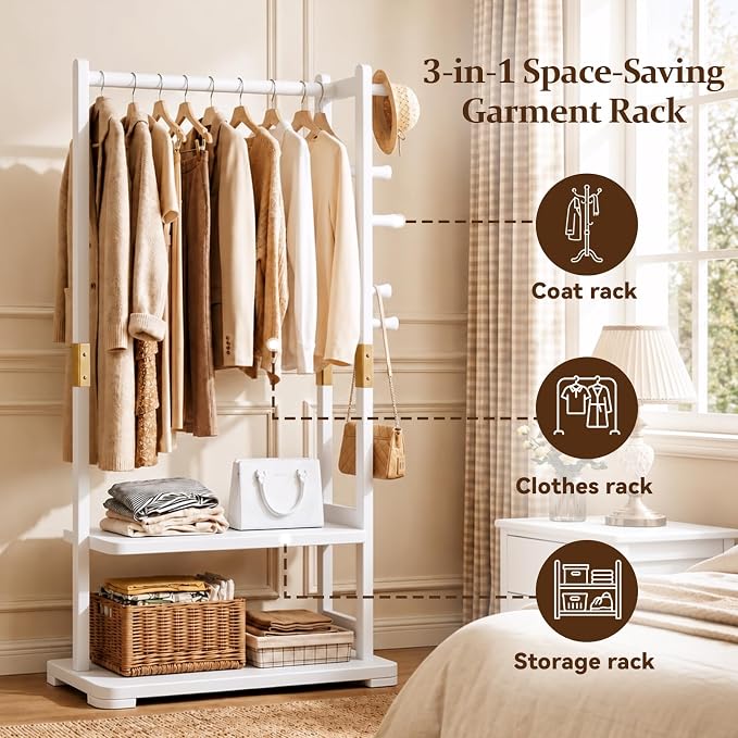 Solid Wood Clothes Rack with 2 Shelves & 4 Hooks for Hanging Clothes Garment Wallets Hats, White Clothing Rack Heavy Duty Coat Rack Freestanding with Storage Hall Tree for Hallway Bedroom Living Room | Hallway bedroom living room, durable wood construc...