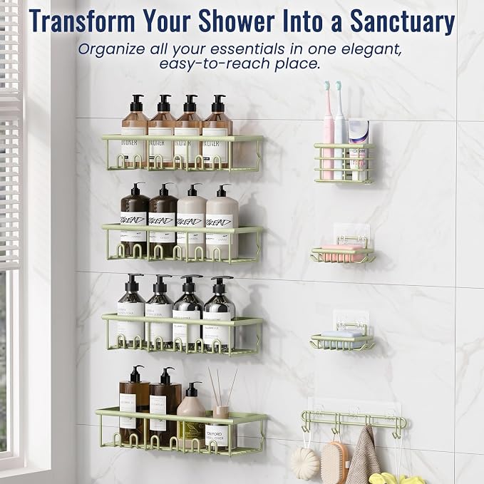 8 Pack Adhesive Rustproof Shower Caddy with Soap Dishes, Toothbrush Holder & Hooks, Large Capacity No-Drilling Shower Shelves Rack for Bathroom Organizers and Storage Accessories, Green