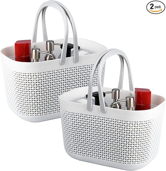 Plastic Portable Shower Caddy Basket, Storage Organizer, White, 2 Pack | Bottom Drain Holes, Keep Dry, Sturdy and Durable, Easy to Carry for Bathroom, Kitchen, Dorm Room, RV, College