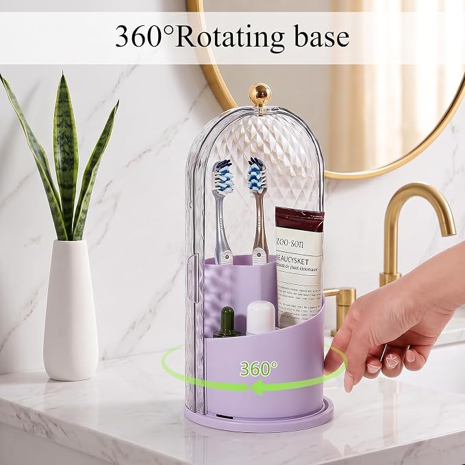 Toothbrush Holder with Cover for Bathroom Countertop, Organizer, Purple | Rotating 3 Slot Holder for Electric Toothbrushes, Toothpaste, Self Draining Vanity Organizer, Makeup Brush Storage