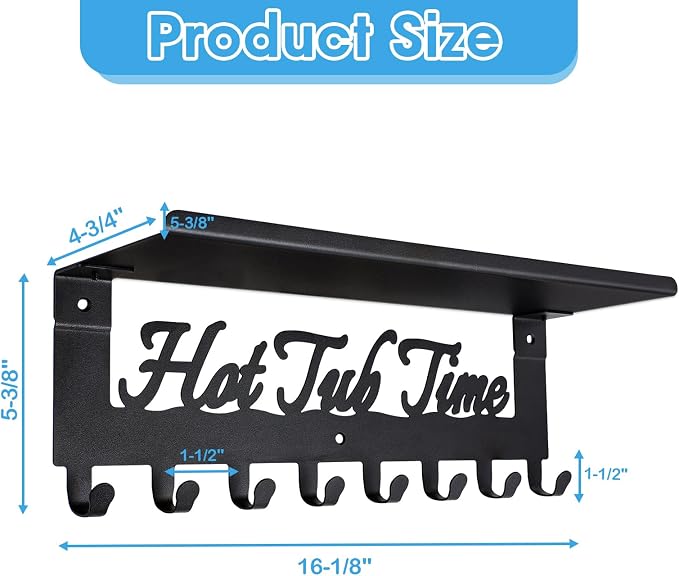 IBosins Hot Tub Towel Rack with Shelf 8 Hooks Towel Holder Wall Mount Black | 16-Inch Bathroom Metal Towel Hanger Robes, Towels, Clothes Organizer - Hot Tub Outdoor Accessories and Decor