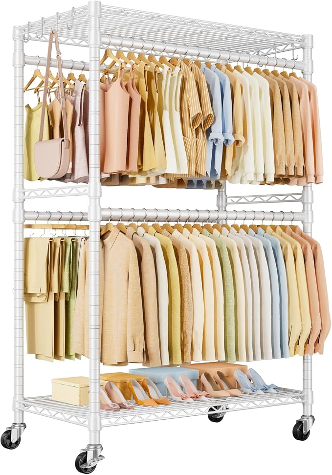 ULIFHOME Rolling Clothes Rack, Clothing Racks for Hanging Clothes, White | P4 Plus Heavy Duty Garment Rack with Wheels, Free Standing Portable Closet Racks 45''W × 20.5''D × 80.5''H, Max Load 570 Lbs